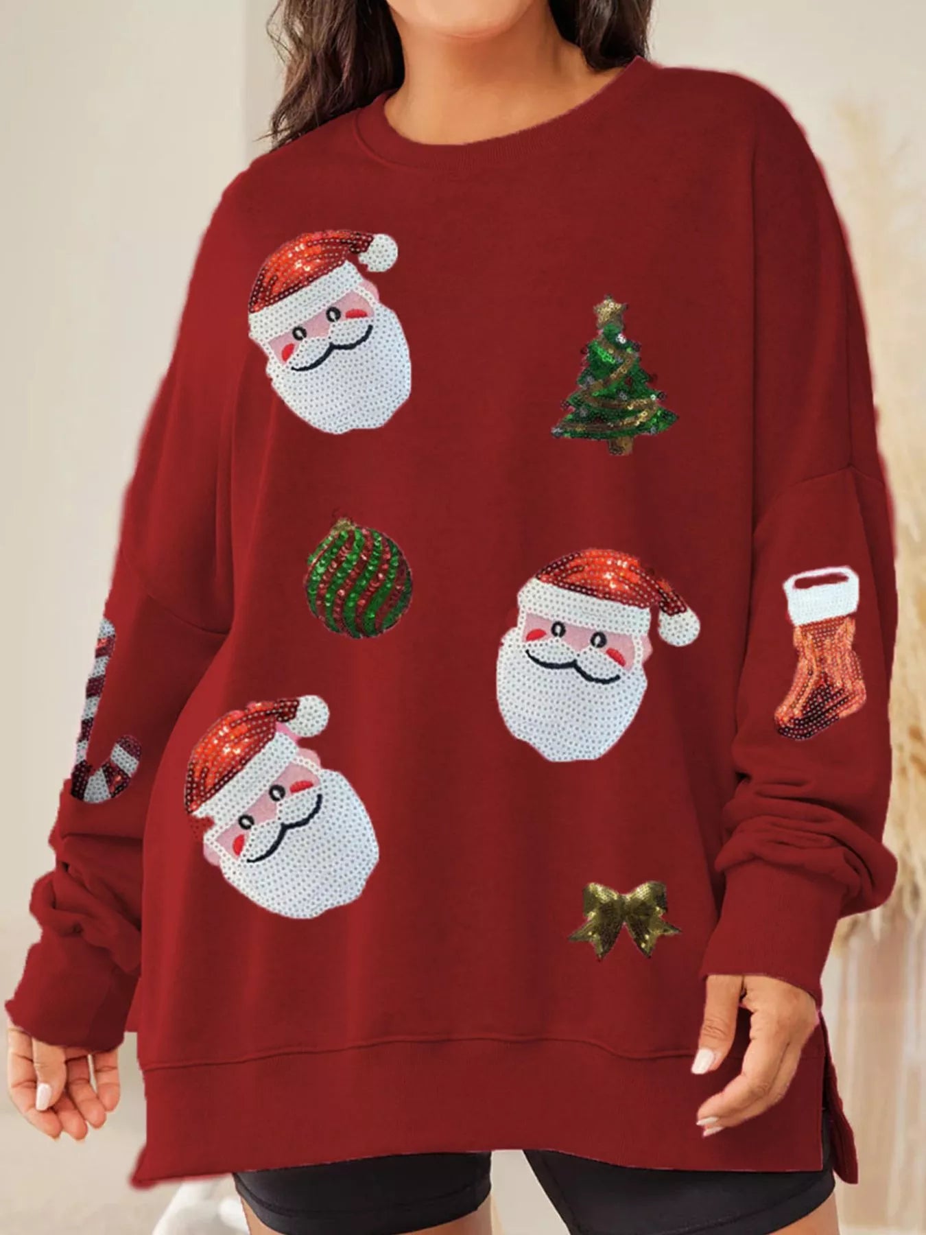 Christmas Santa Round Neck Long Sleeve Sweatshirt Red OutfitFlow