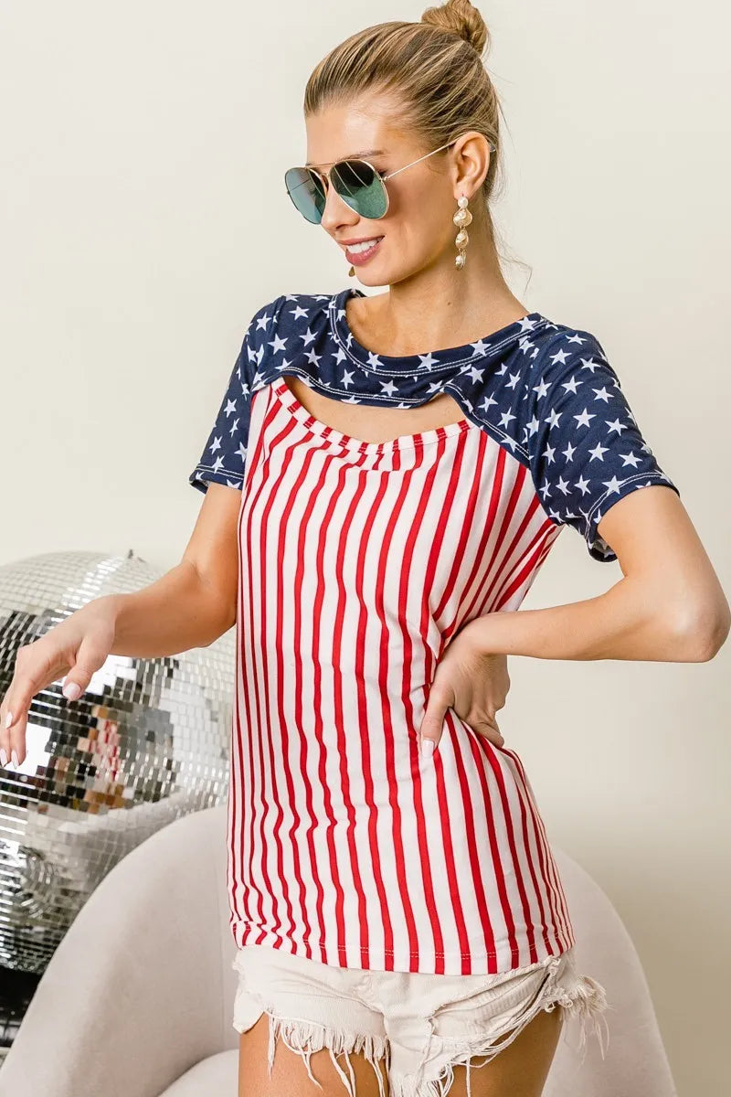 BiBi American Flag Theme Front Cut Out Top OutfitFlow