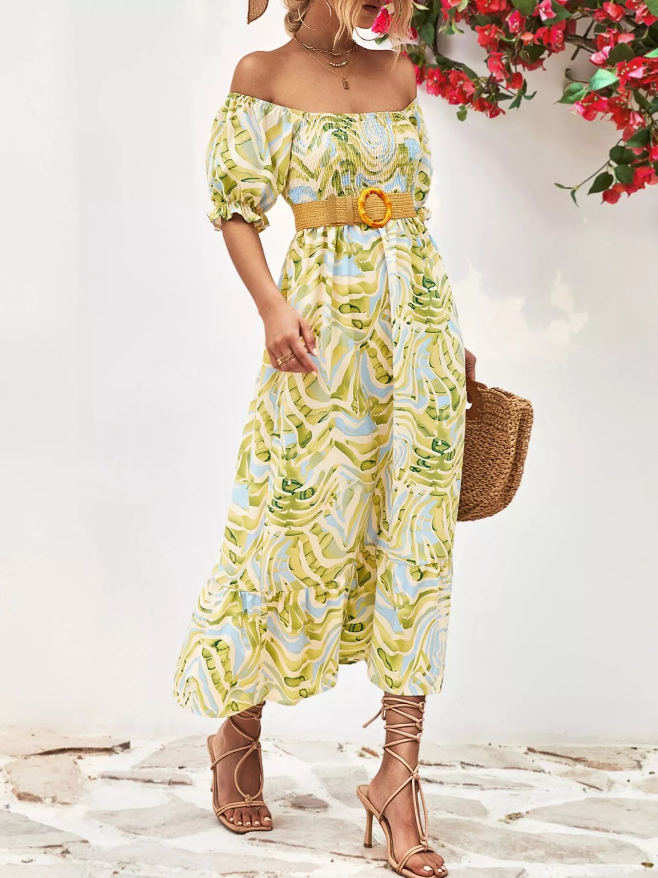Smocked Printed Puff Sleeve Midi Dress OutfitFlow