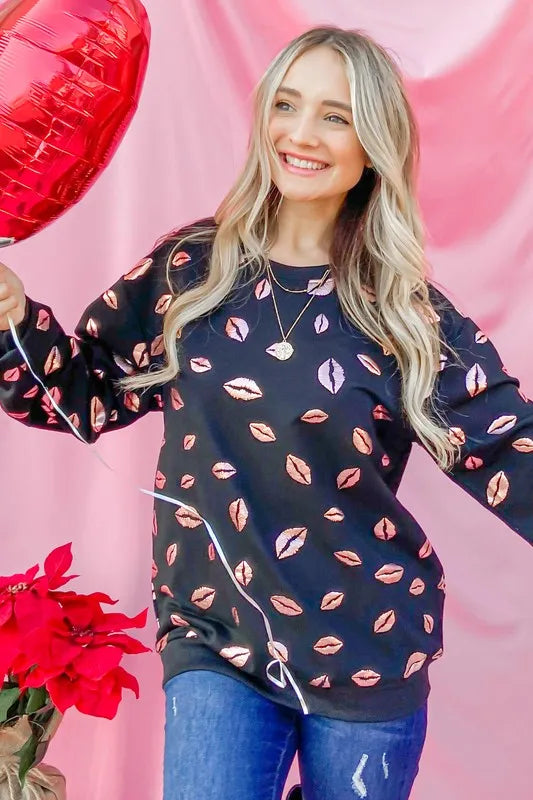 And The Why Kiss Pink Foil Allover Print Pullover Sweatshirts OutfitFlow