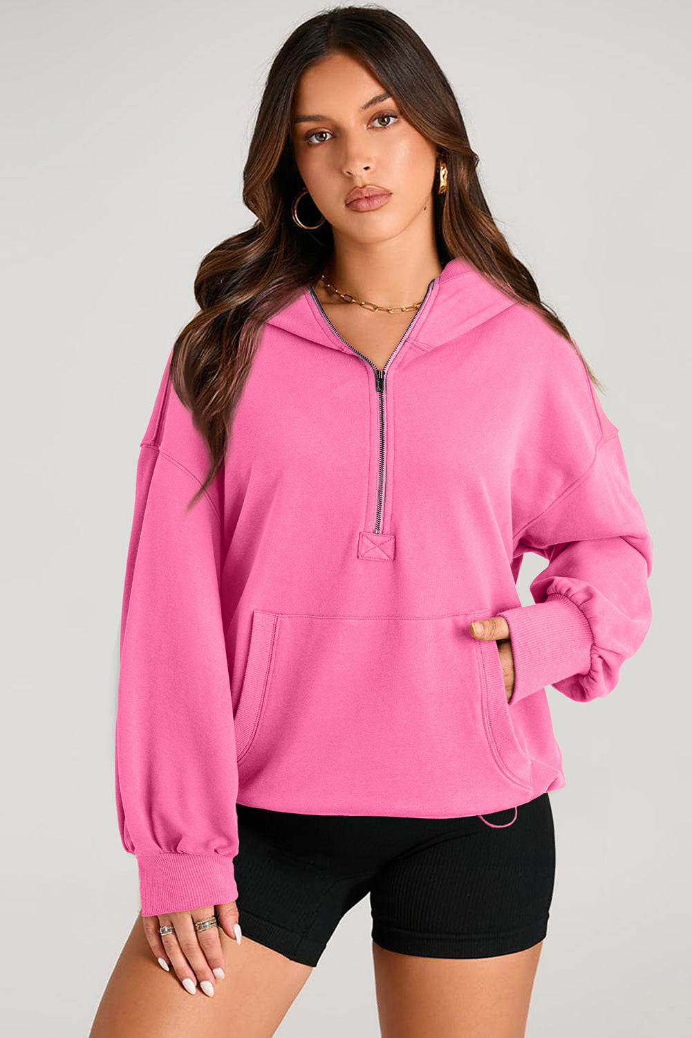 Outfit Flow - Pocketed Half Zip Long Sleeve Hoodie