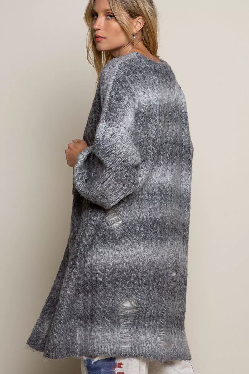 POL Distressed Cable-Knit Ombre Dying Cardigan Trendsi