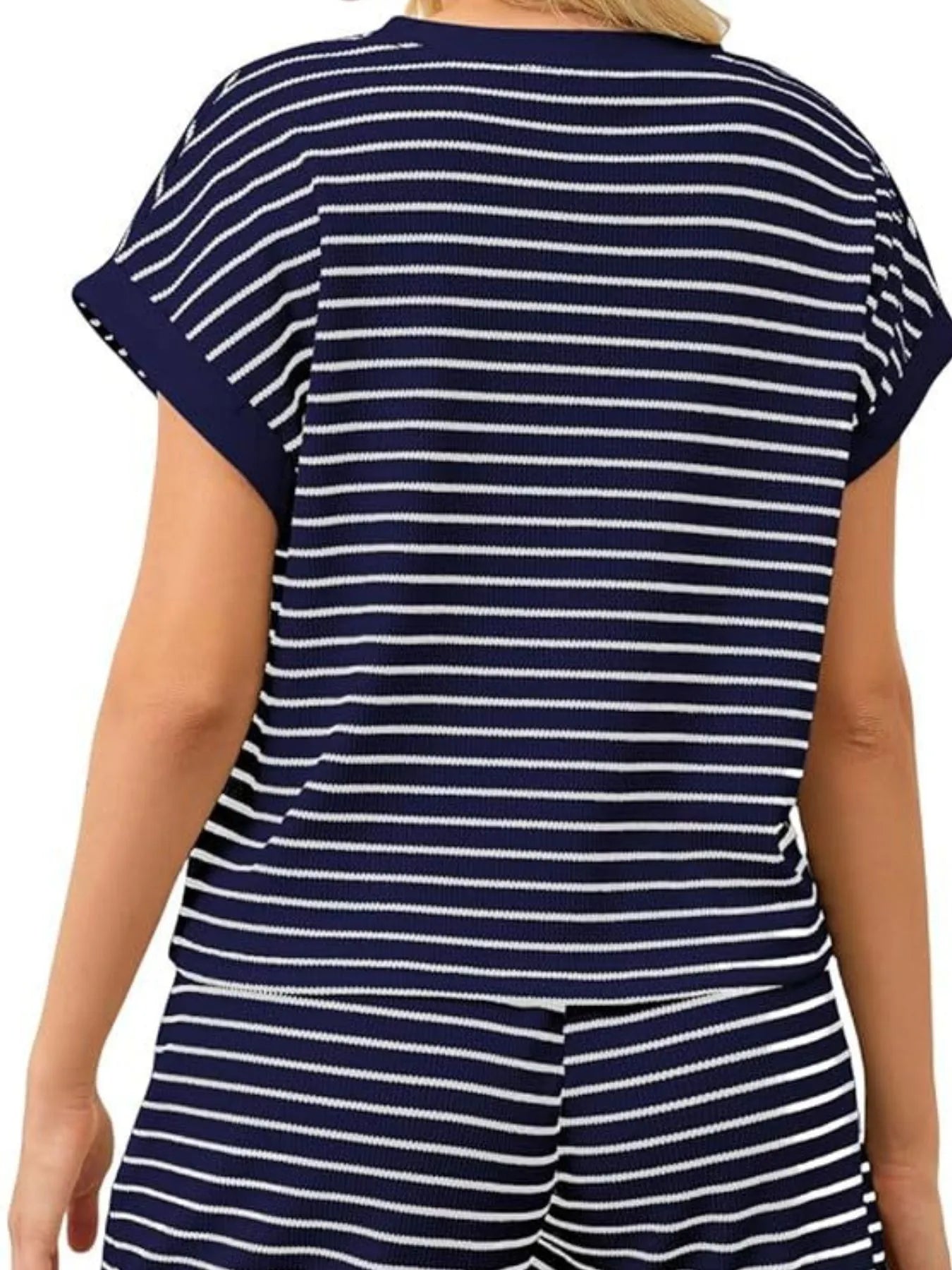 Full Size Contrast Striped T-Shirt and Shorts Set Plus Size OutfitFlow