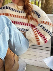 Striped Round Neck Long Sleeve Sweater OutfitFlow