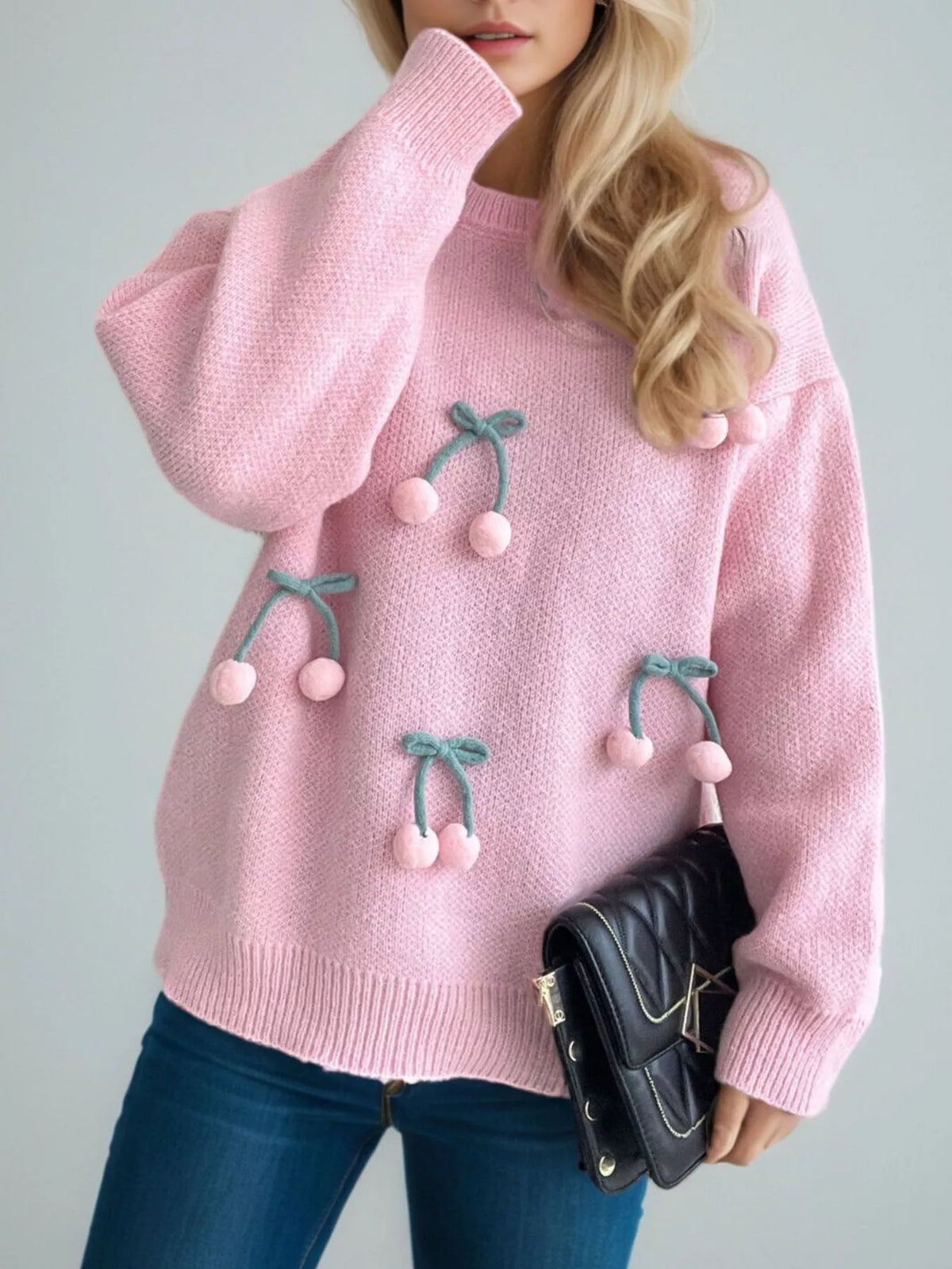 Cherry Pom-Pom Knit Round Neck Sweater Blush Pink One Size OutfitFlow
