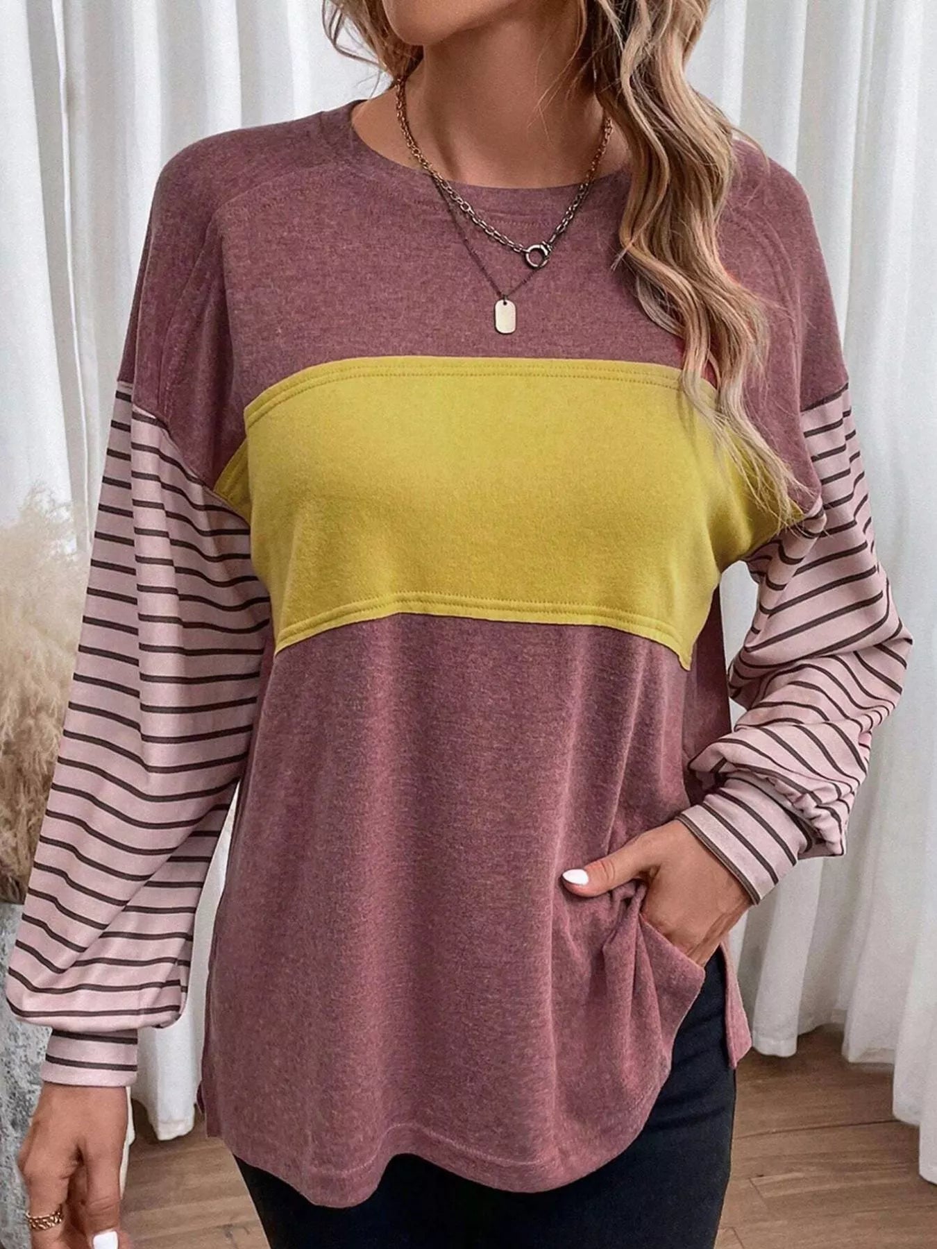 Striped Color Block Long Sleeve T-Shirt OutfitFlow