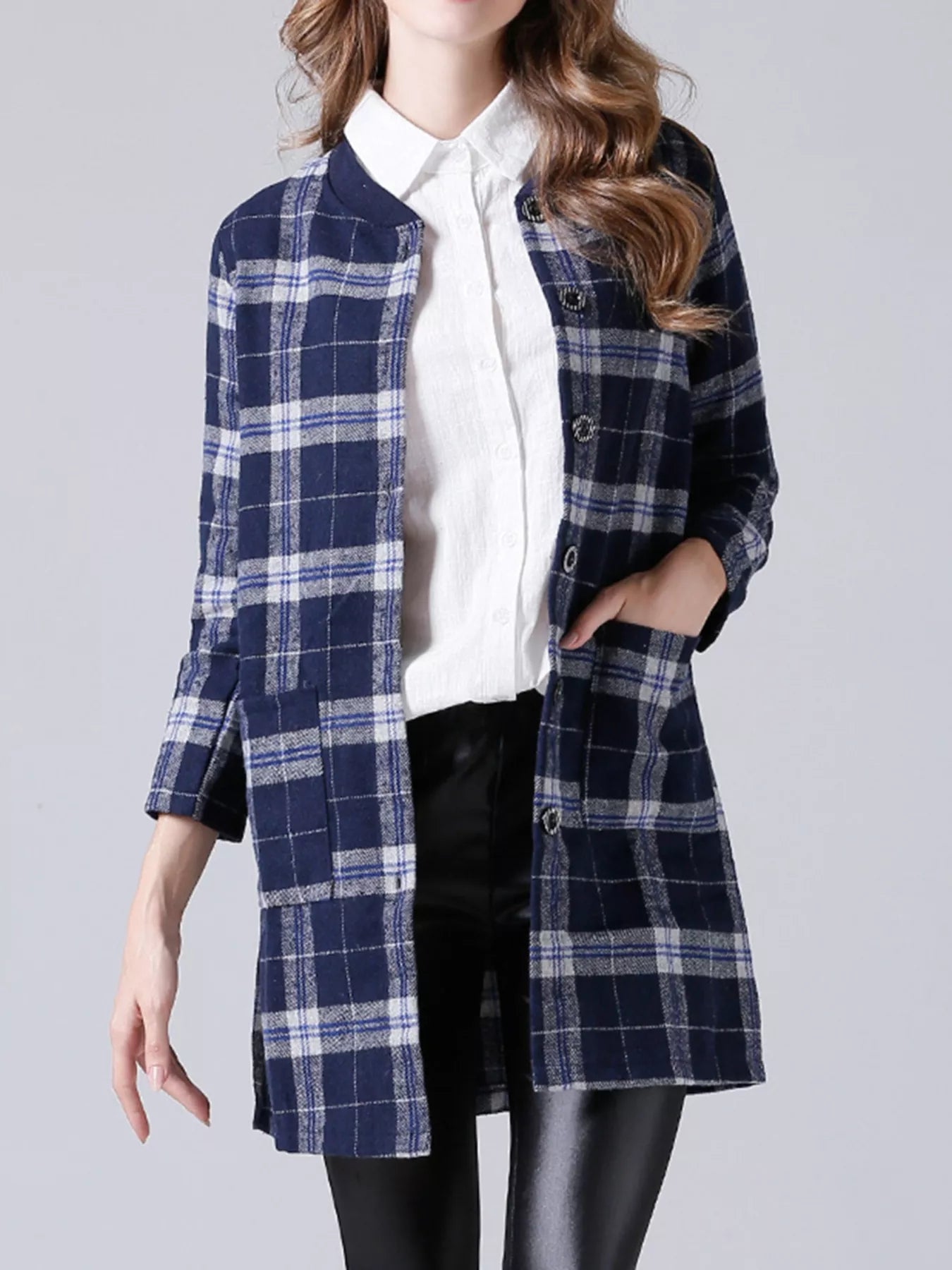 Plus Size Plaid Button-Down Longline Shirt Navy OutfitFlow