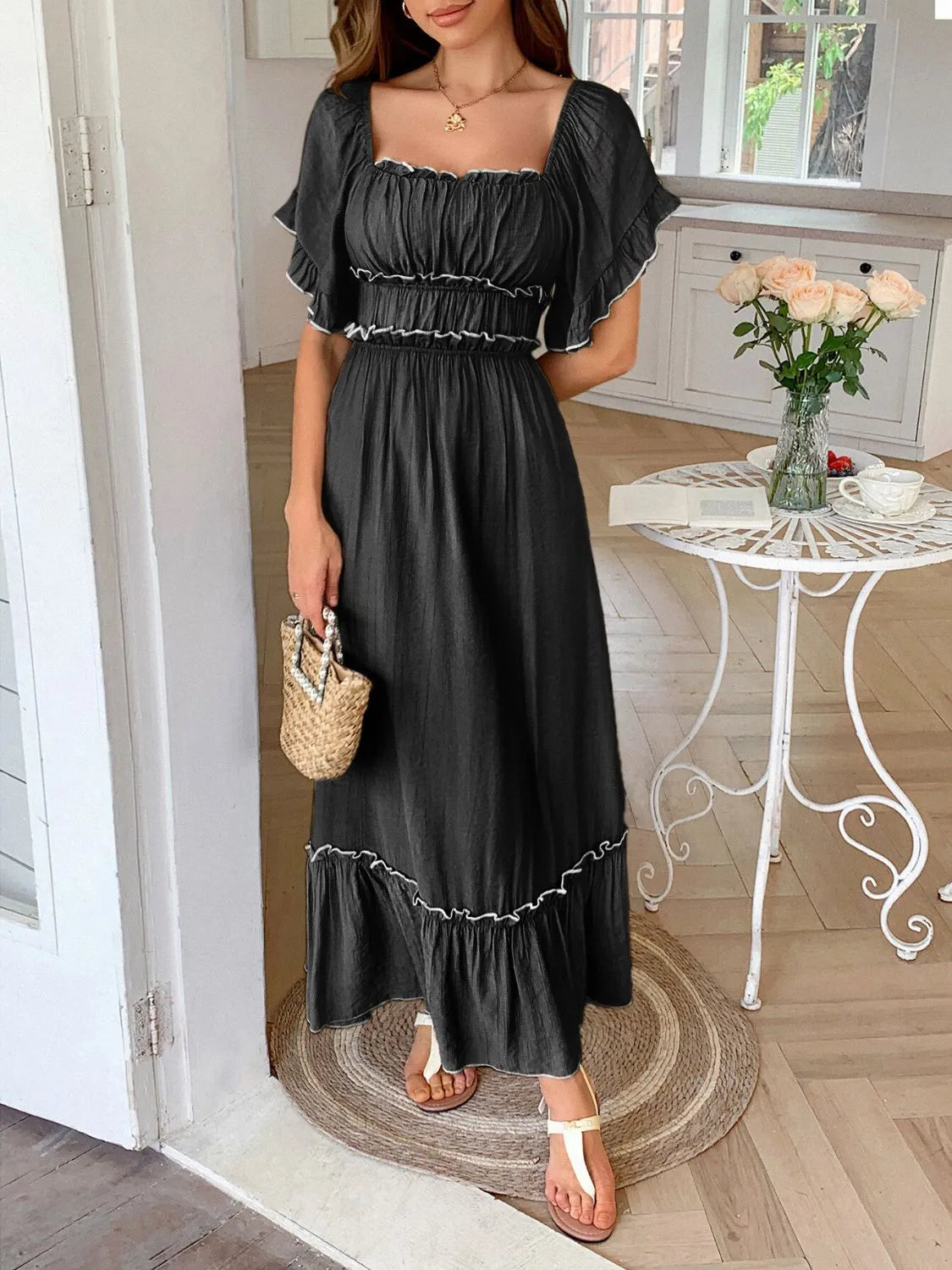 Square Neck Puff Sleeve Ruffle Trim Maxi Dress Black OutfitFlow