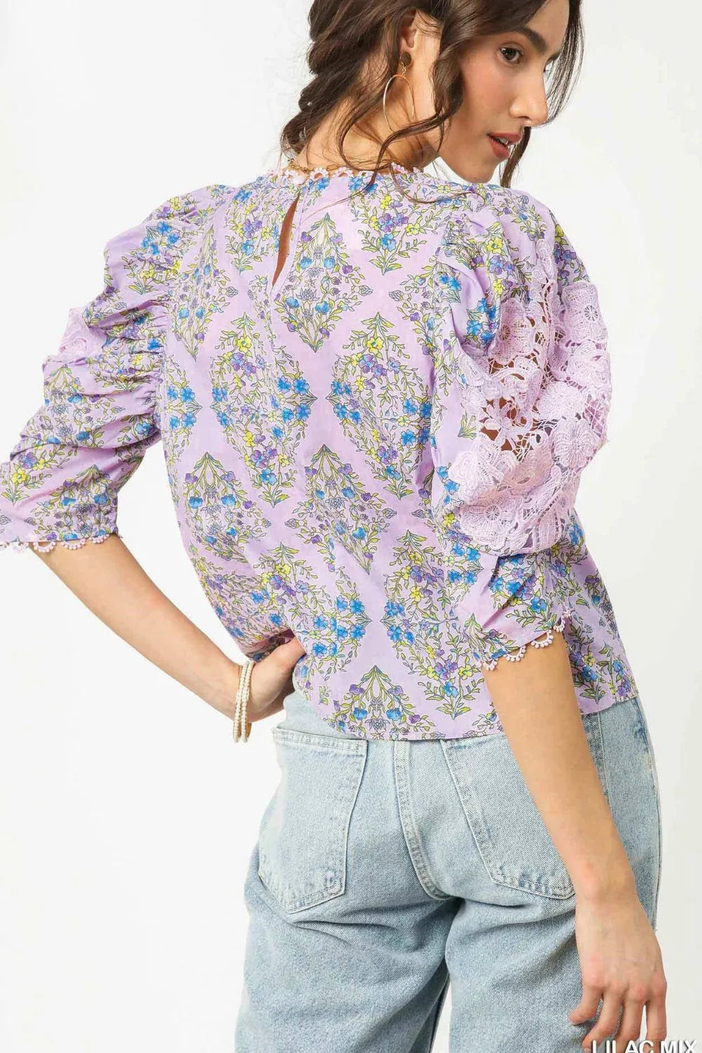 Umgee Printed Lace Puff Sleeve Blouse OutfitFlow