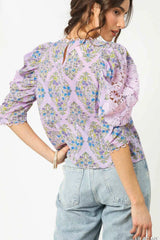 Umgee Printed Lace Puff Sleeve Blouse OutfitFlow