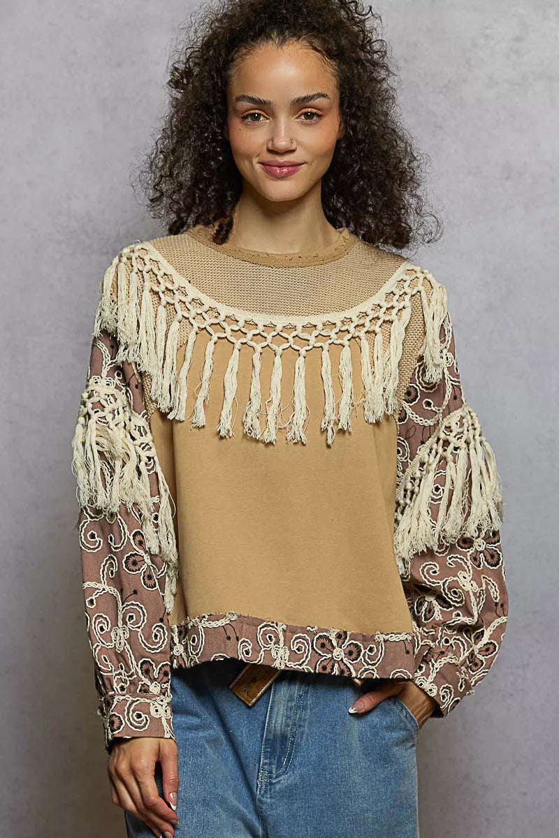 POL Contrast Floral Embroidery Balloon Sleeve Top with Tassel Trim MOCHA CAKE OutfitFlow
