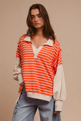 BiBi Stripe Knit Loose Fit Top With Cut Edge Detail OutfitFlow