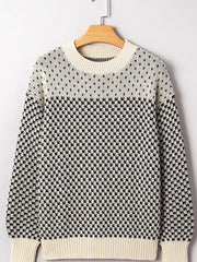 Contrast Color Pattern Lantern Sleeve Sweater OutfitFlow