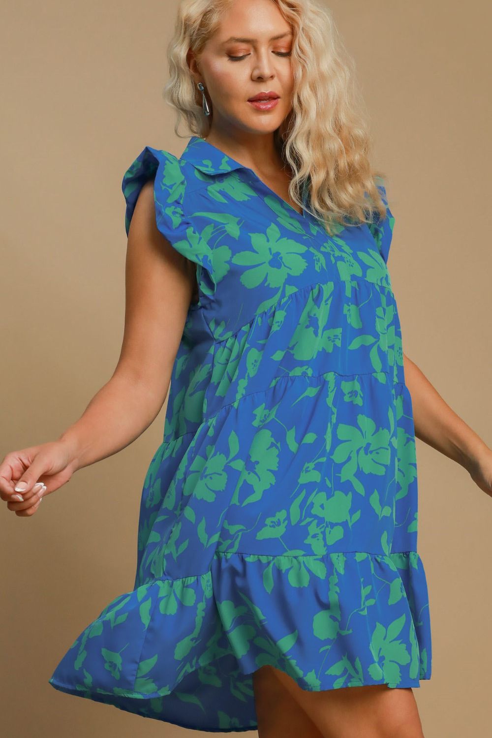 Umgee Full Size Floral Print Ruffle Cap Sleeve Tiered Dress Plus Size OutfitFlow