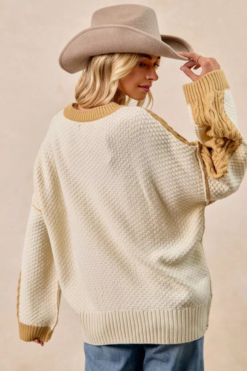 BiBi Cable Knit With Hacci Combo Sweater With Uneven Hem Detail Trendsi