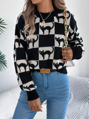 Cozy Cat Checkerboard Pattern Sweater OutfitFlow