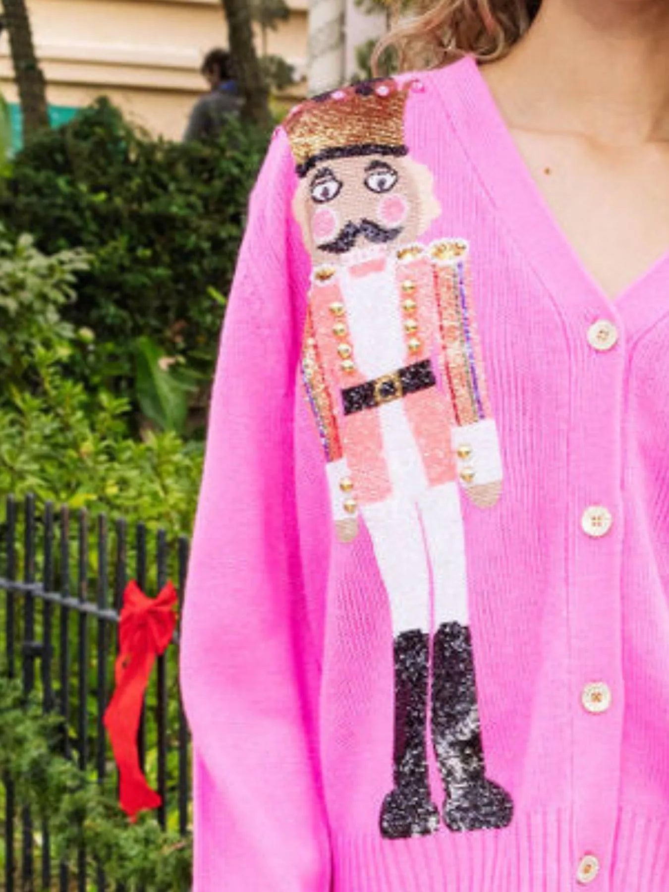 Nutcracker Ribbed Hem V-Neck Cardigan Trendsi