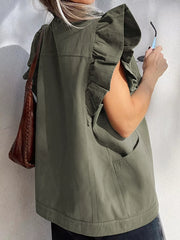 Ruffled Patchwork Denim Jacket Vest OutfitFlow