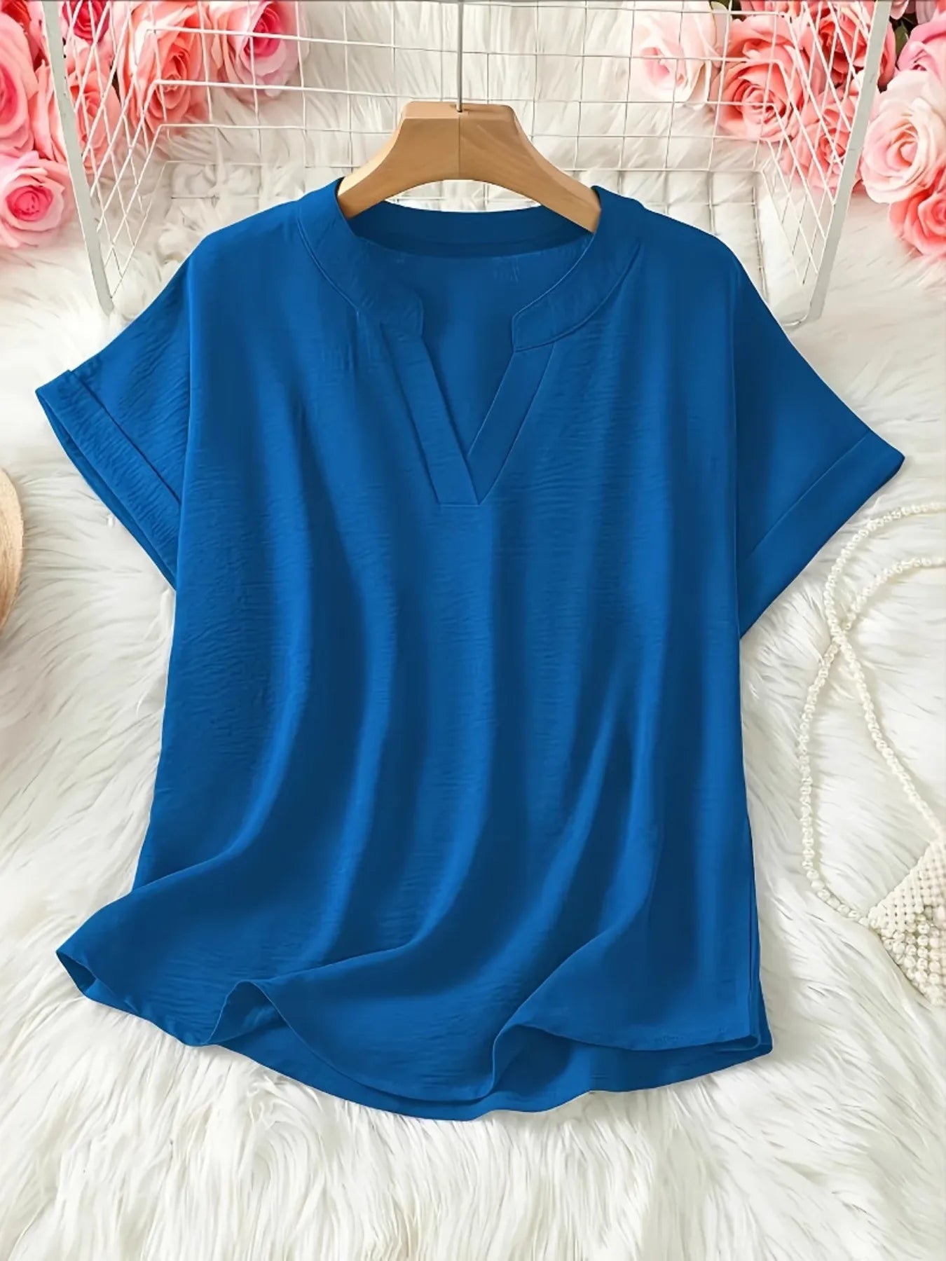 Casual Notched Short Sleeve Blouse OutfitFlow