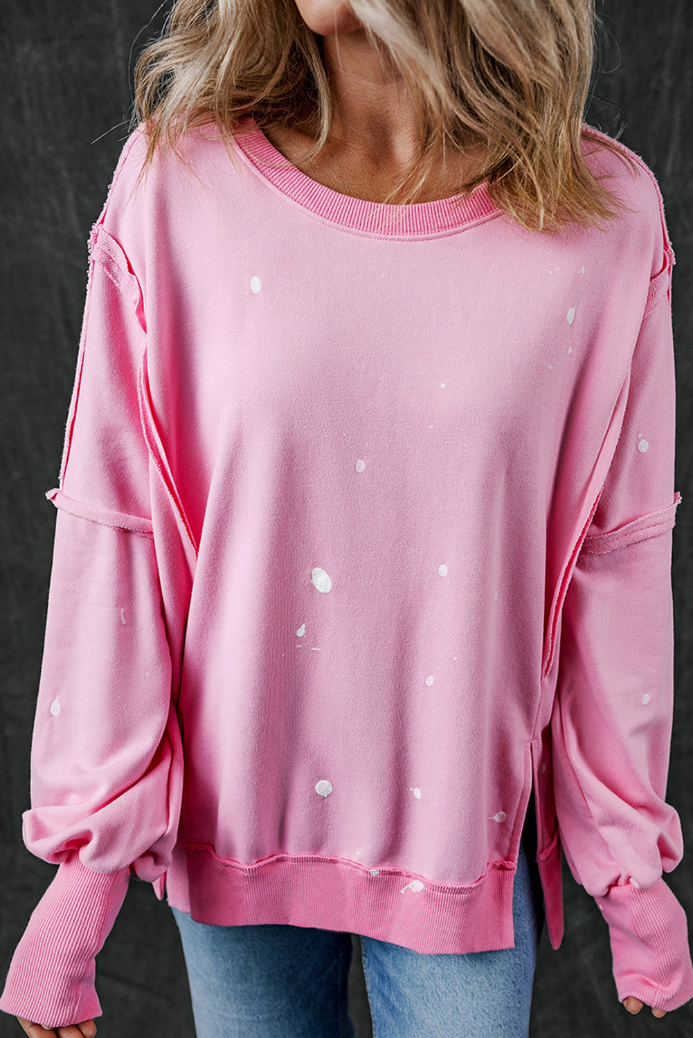 Outfit Flow - Exposed Seam Splatter Print Round Neck Sweatshirt