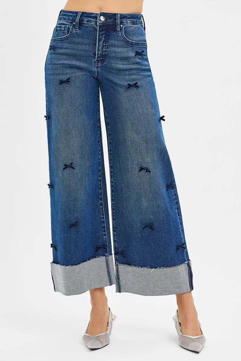 RISEN High Rise Crop Wide Leg Ribbon Detail Jeans OutfitFlow