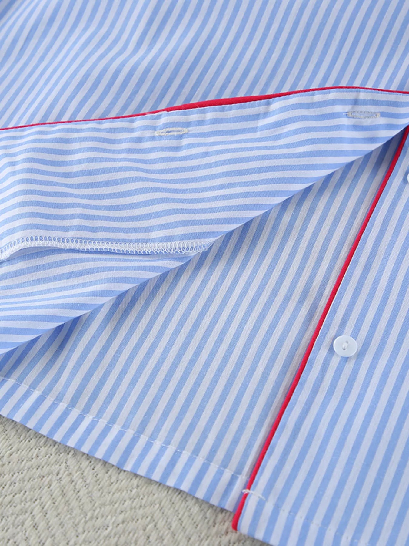 Striped Button Up Shirt and Shorts Lounge Set OutfitFlow