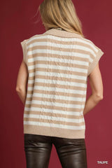Umgee Cable Knit Collared Striped Vest Sweater OutfitFlow