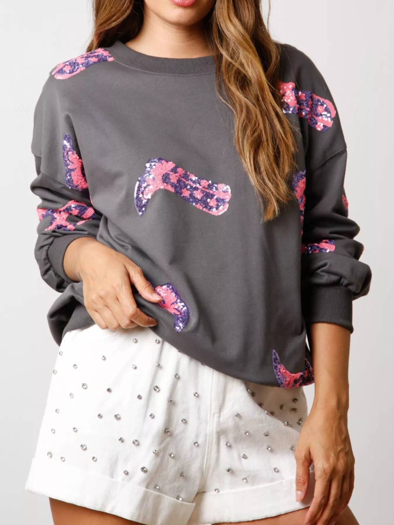 Sequin Boot Crewneck Sweatshirt Grey OutfitFlow