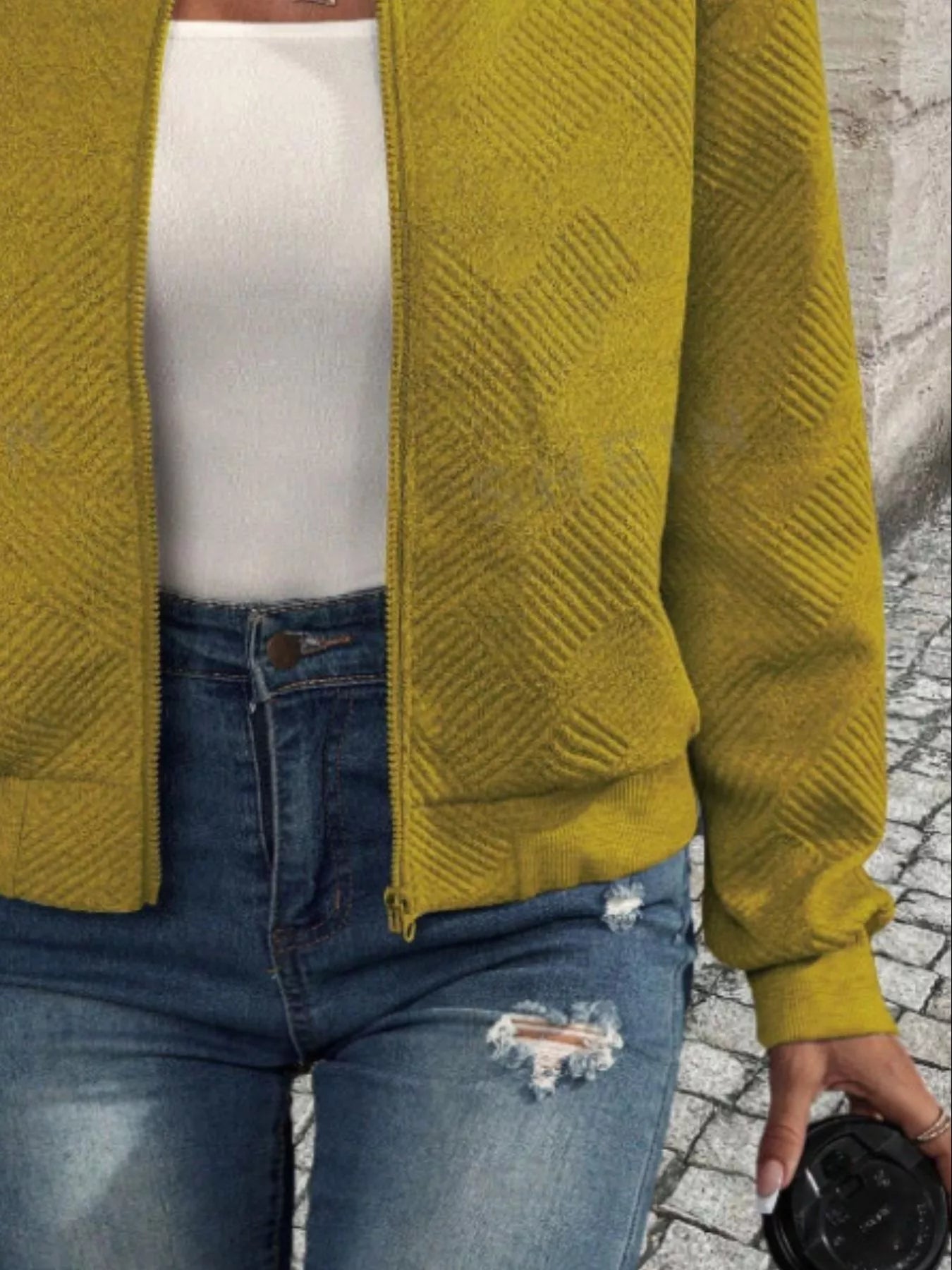 Textured Knit Zip-Up Bomber Jacket OutfitFlow