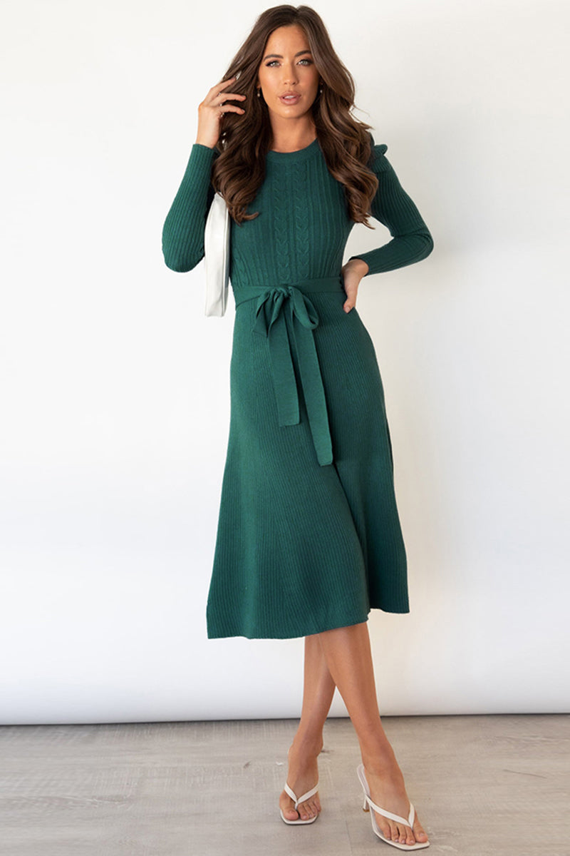 Outfit Flow - Round Neck Long Sleeve Tie Waist Sweater Dress