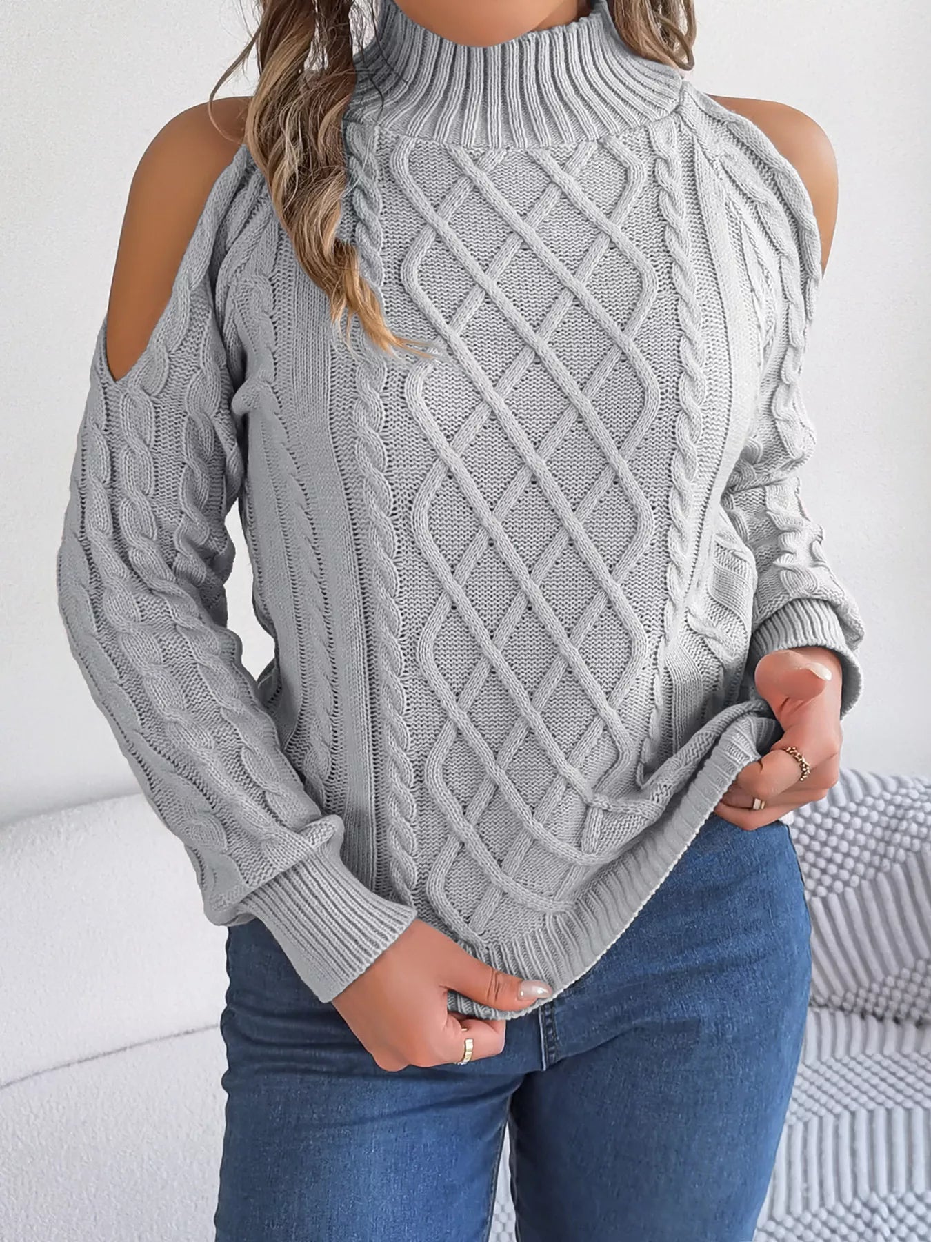 Cable Knit Cold Shoulder Turtleneck Sweater OutfitFlow