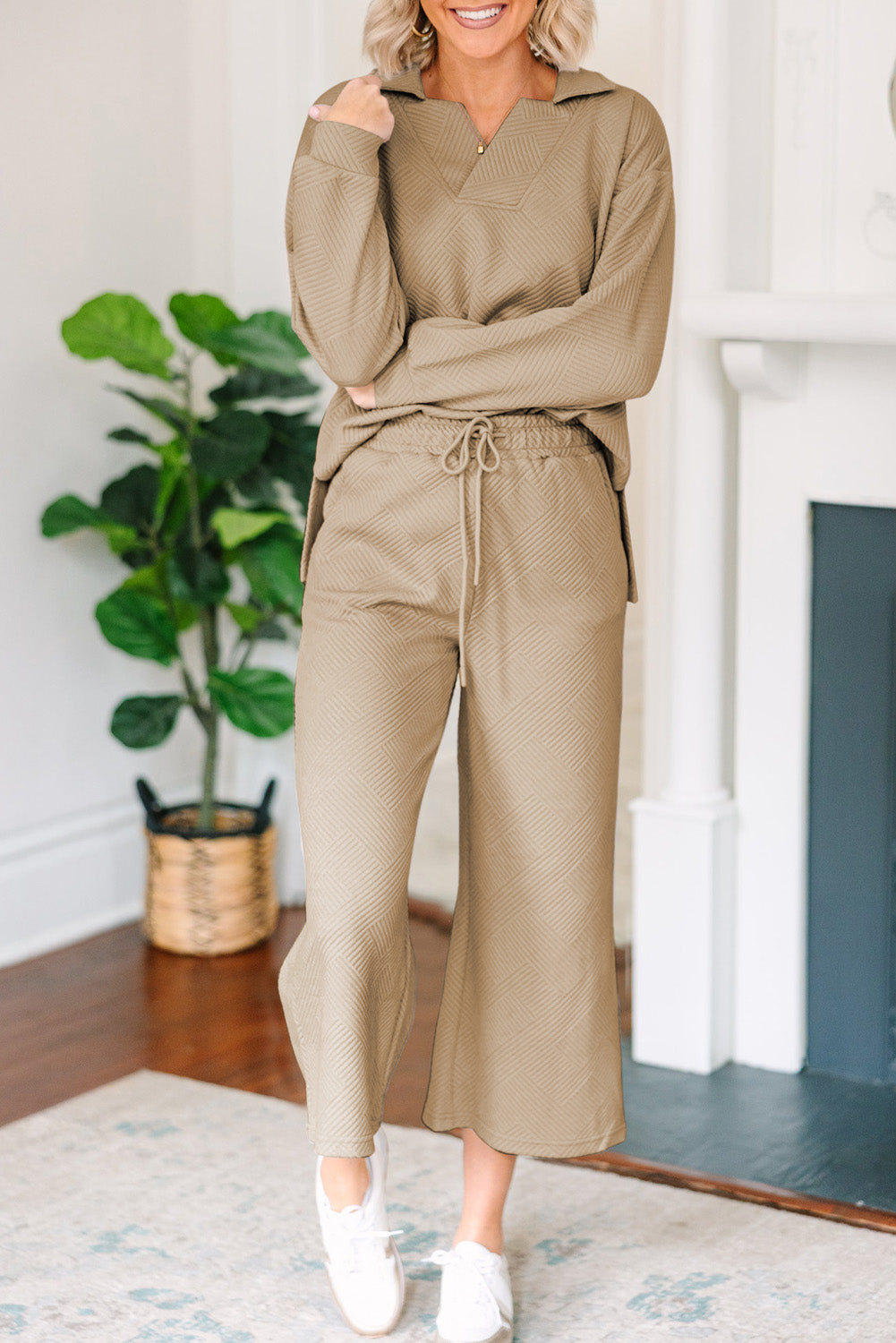 Outfit Flow - Textured Collared Neck Top and Wide Leg Pants Set