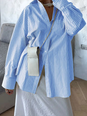 Oversized Striped Button-Down Shirt Light Blue OutfitFlow