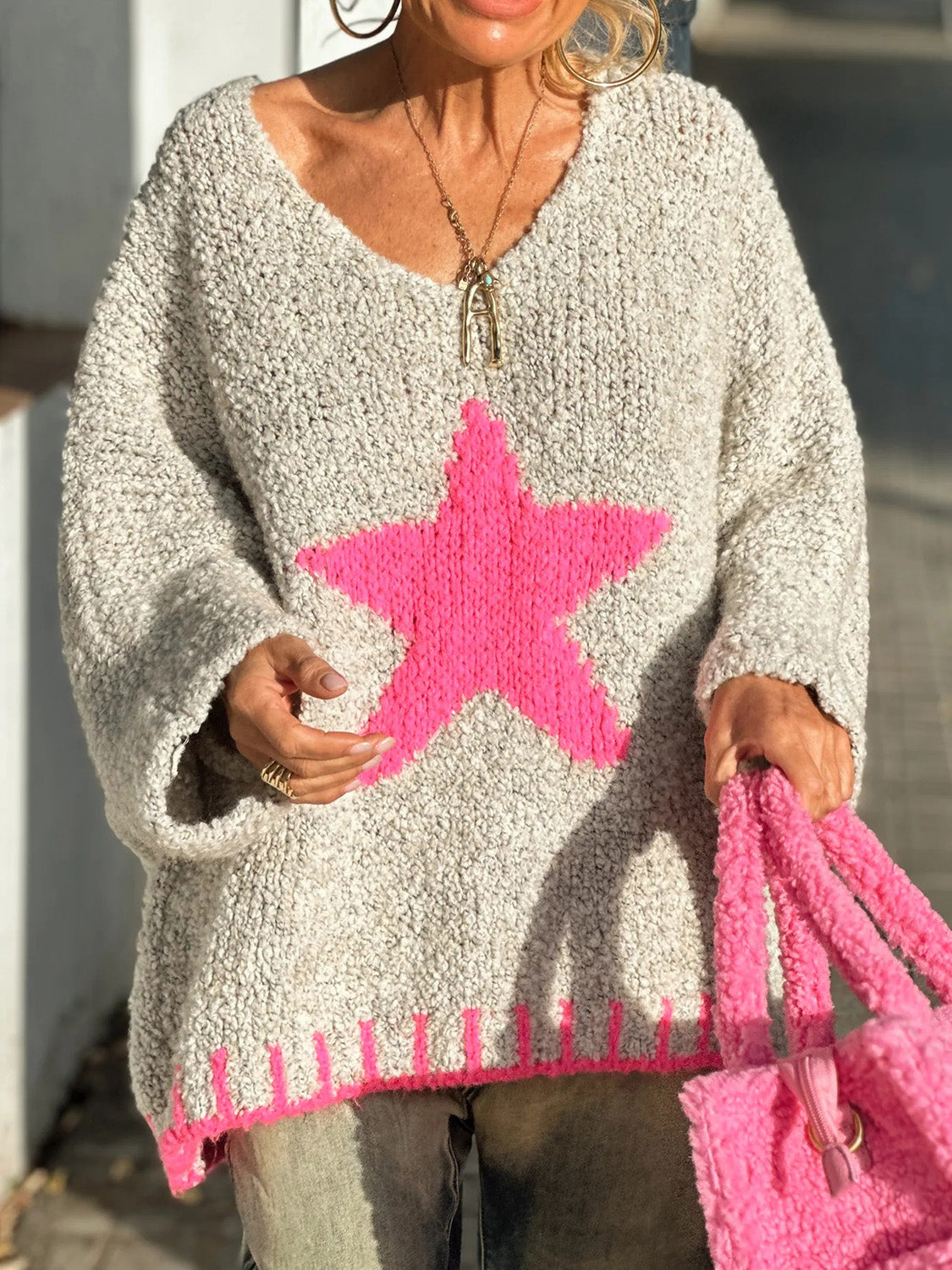 Outfit Flow - Star V-Neck Long Sleeve Oversize Sweater