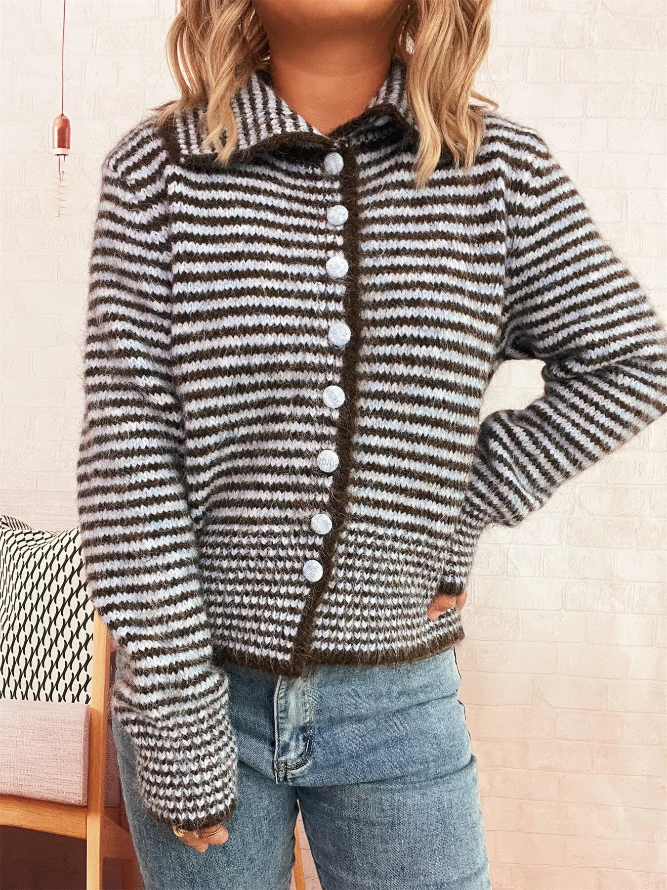 Striped Button-Up Long Sleeve Cardigan Brown One Size OutfitFlow