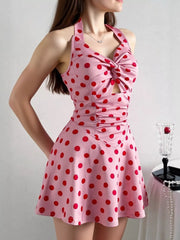 Polka Dot Halter Neck Twisted Front Mini Dress OutfitFlow