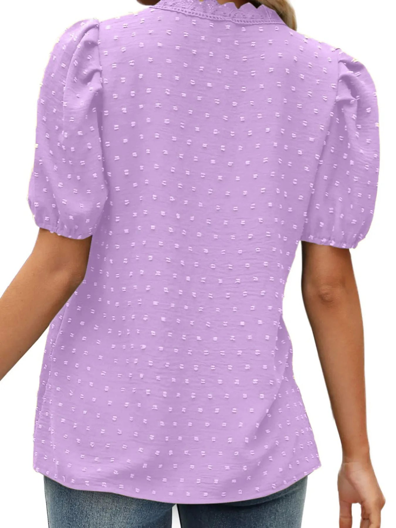 Puff Sleeve Swiss Dot Lace Trim Blouse OutfitFlow