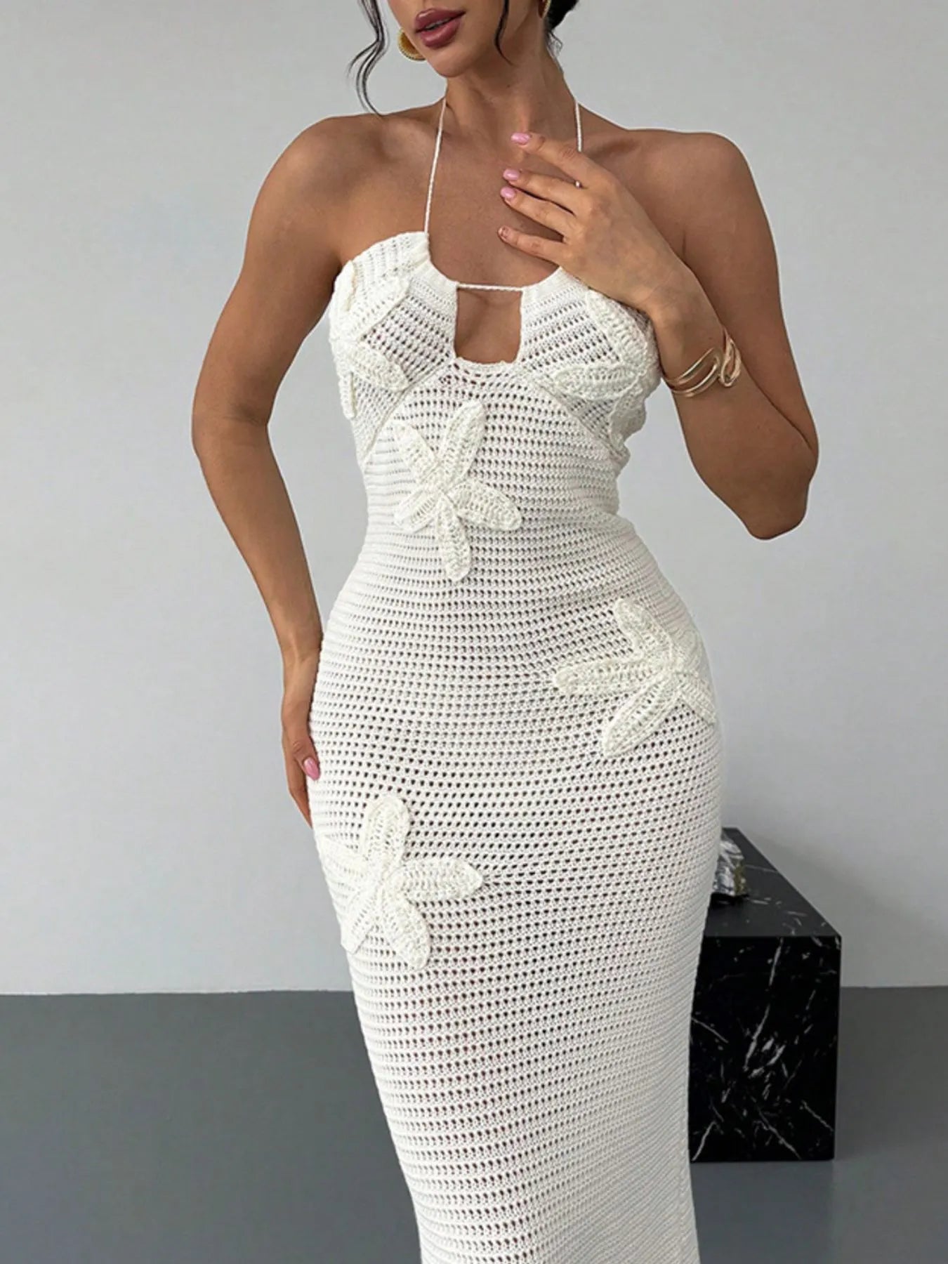 Crochet Backless Midi Knit Dress OutfitFlow