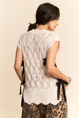 Davi & Dani Ribbon Bow Ties Scalloped Trim Knit Semi Crop Top OutfitFlow