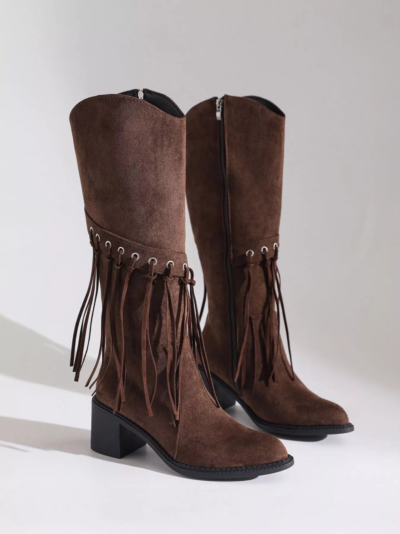 Fringe Point Toe Block Heels Boots OutfitFlow
