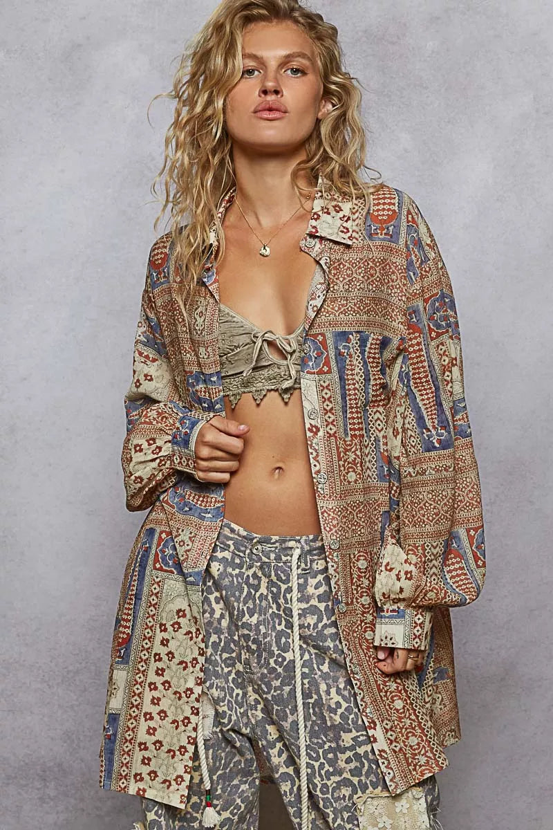 POL Printed Button Down Balloon Sleeve Shirt OutfitFlow