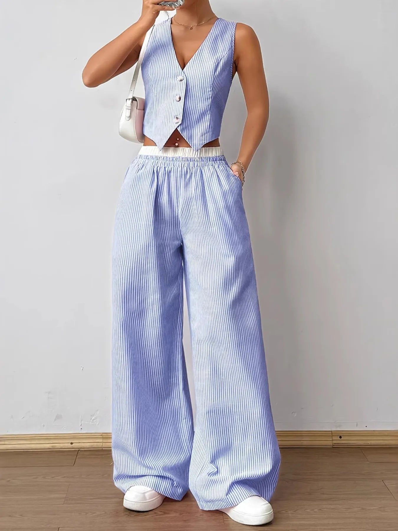 Striped Vest Top and Wide Leg Pants Two-Piece Set OutfitFlow