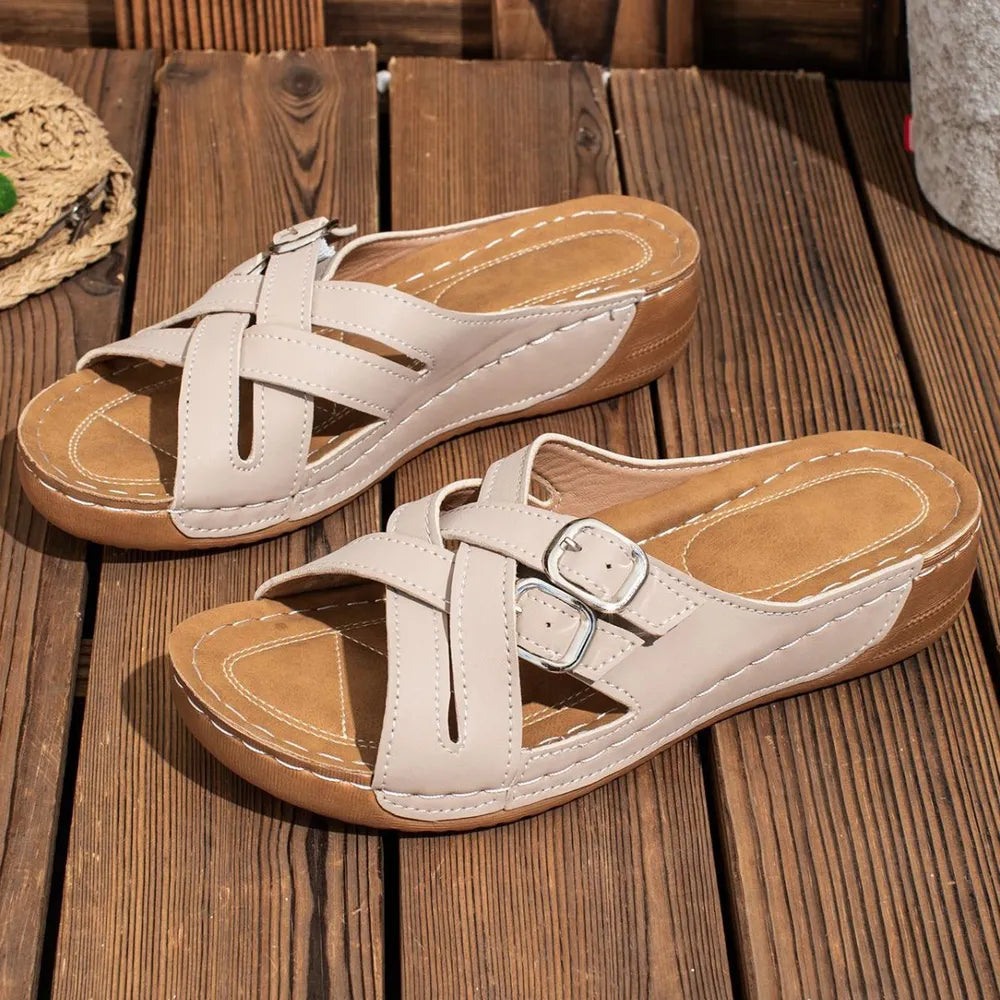 Open Toe Flats Sandals Beige OutfitFlow