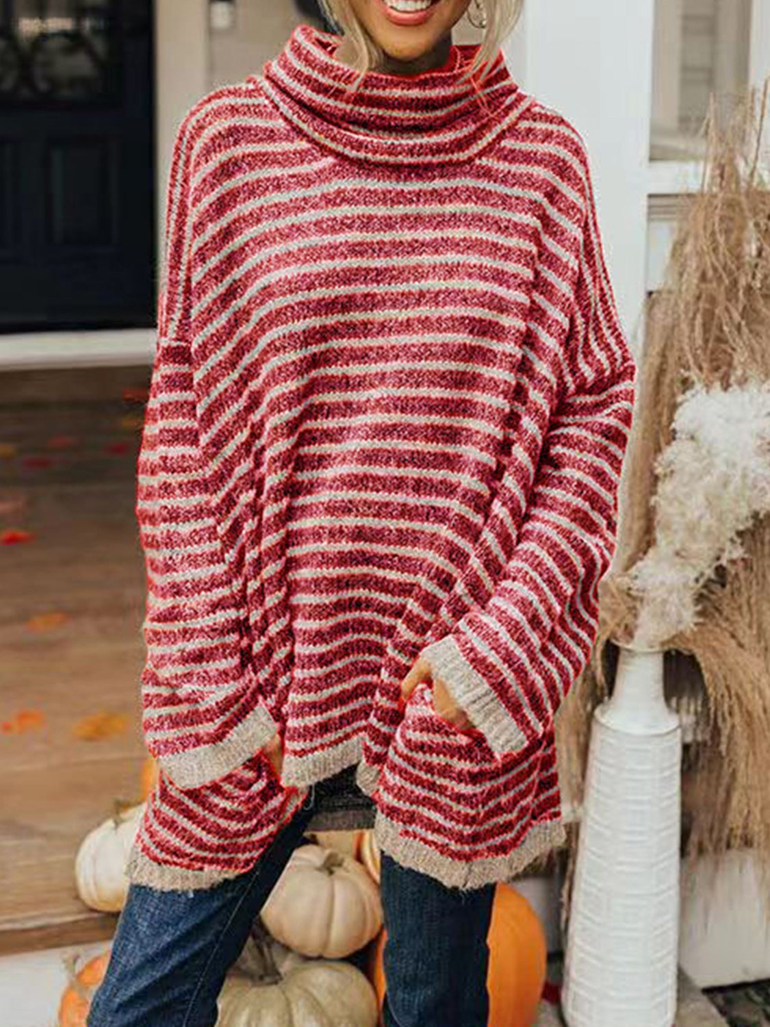 Striped Turtleneck Sweater with Pockets Deep Red OutfitFlow