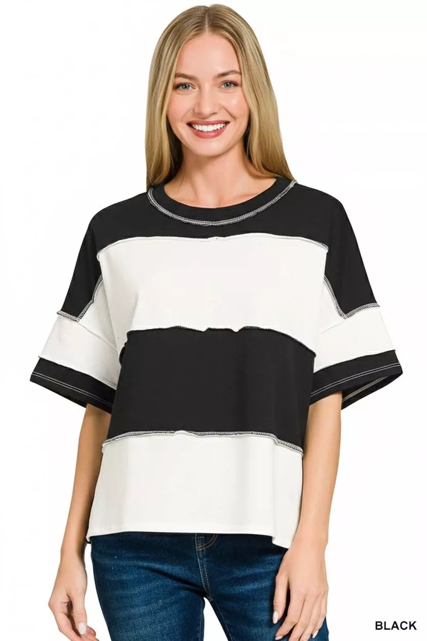 Zenana French Terry Color Block Exposed Seam Top OutfitFlow