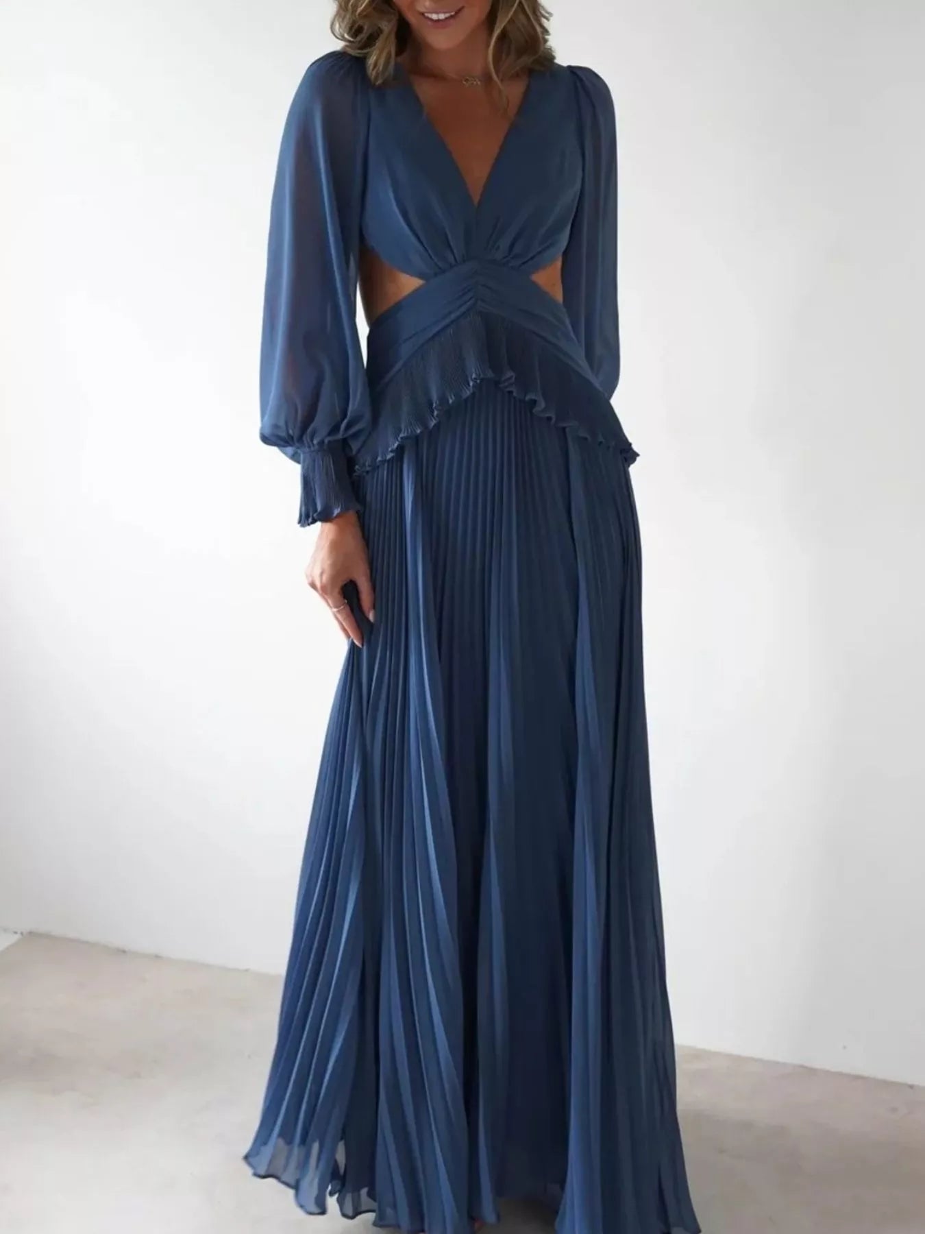 Backless Pleated Long Sleeve Maxi Dress OutfitFlow