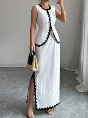 Contrast Scalloped Trim Sleeveless Top and Skirt Set White OutfitFlow