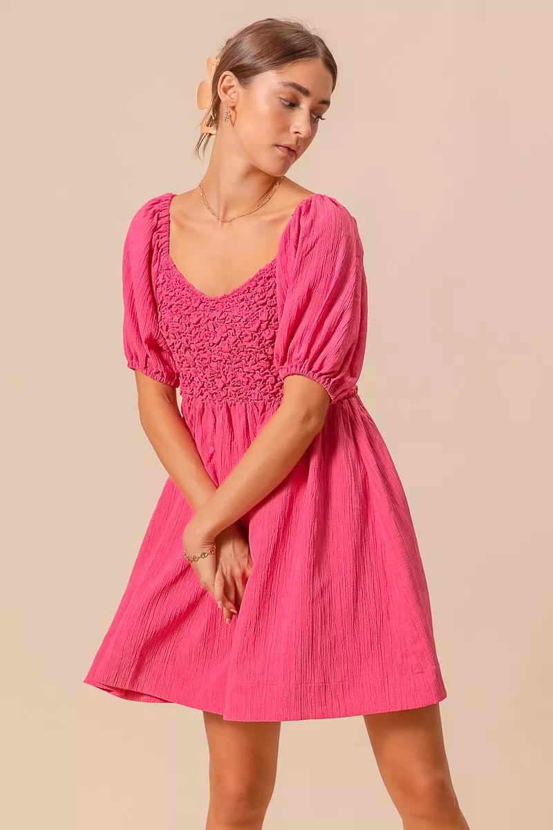 SO ME Textured Woven Daily Dress with Puff Sleeves OutfitFlow