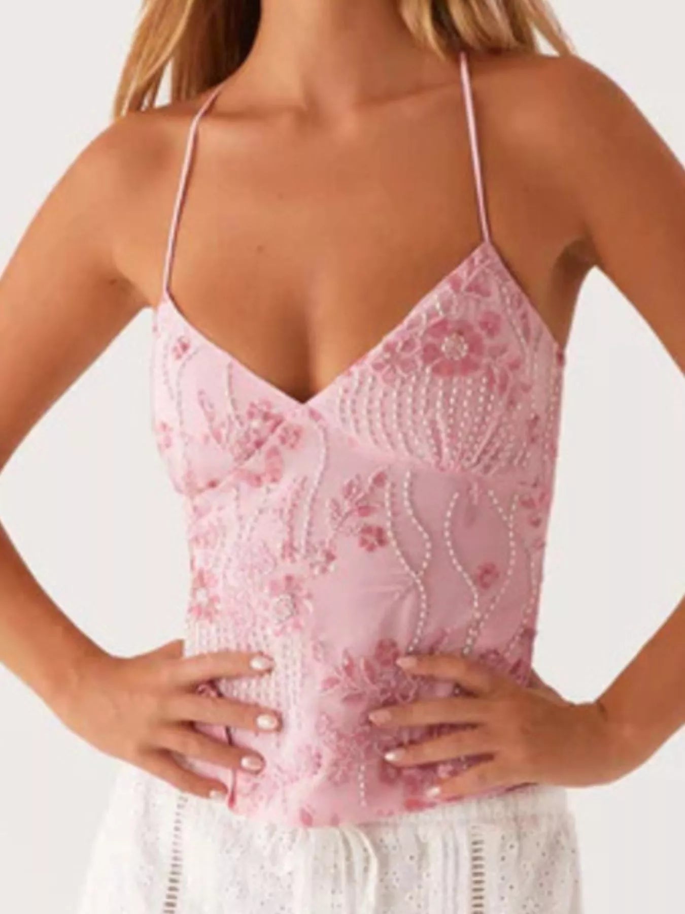 Embroidered Sequin Tie Back Cami OutfitFlow