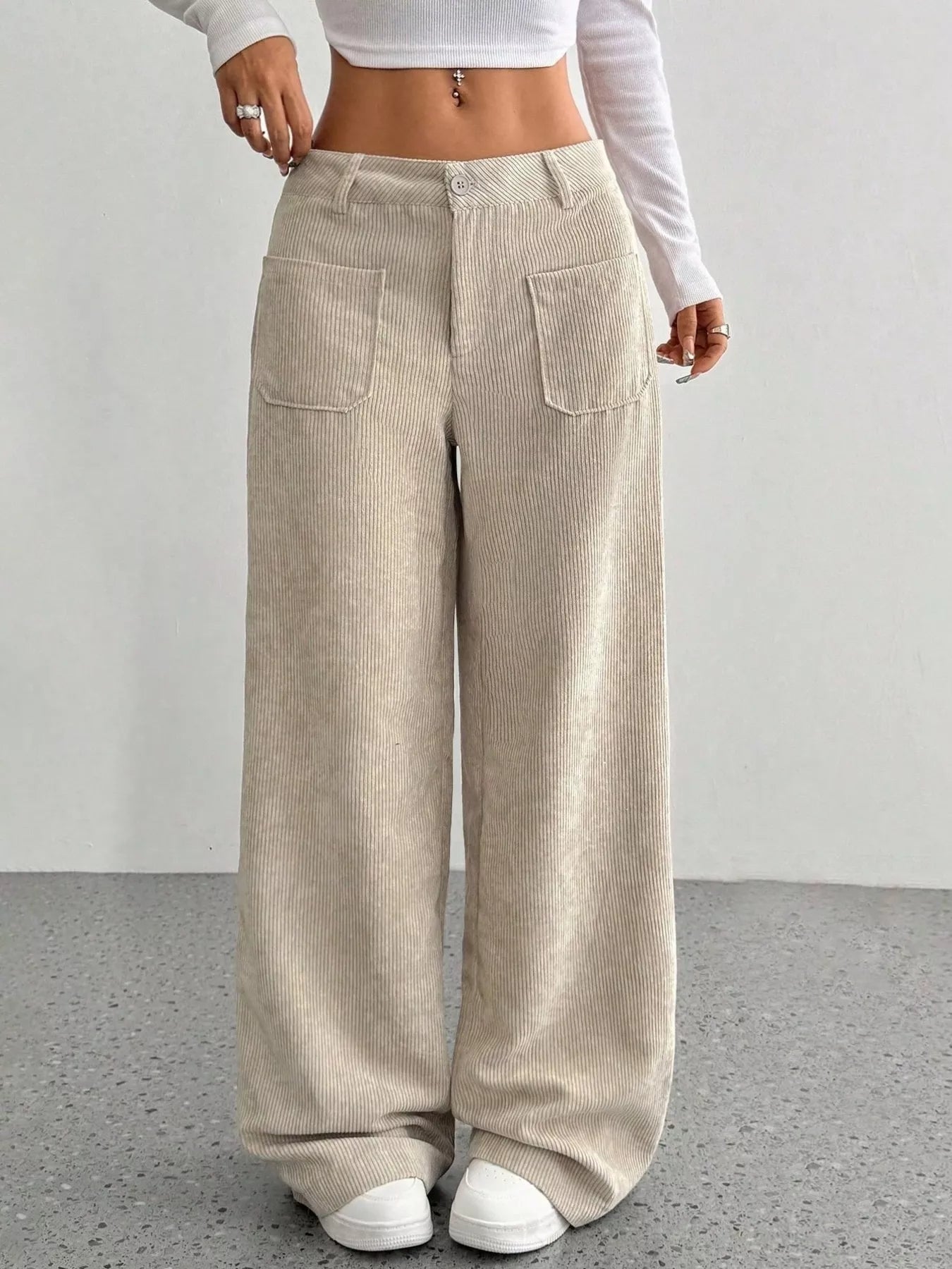 Corduroy Wide Leg Pants Apricot OutfitFlow